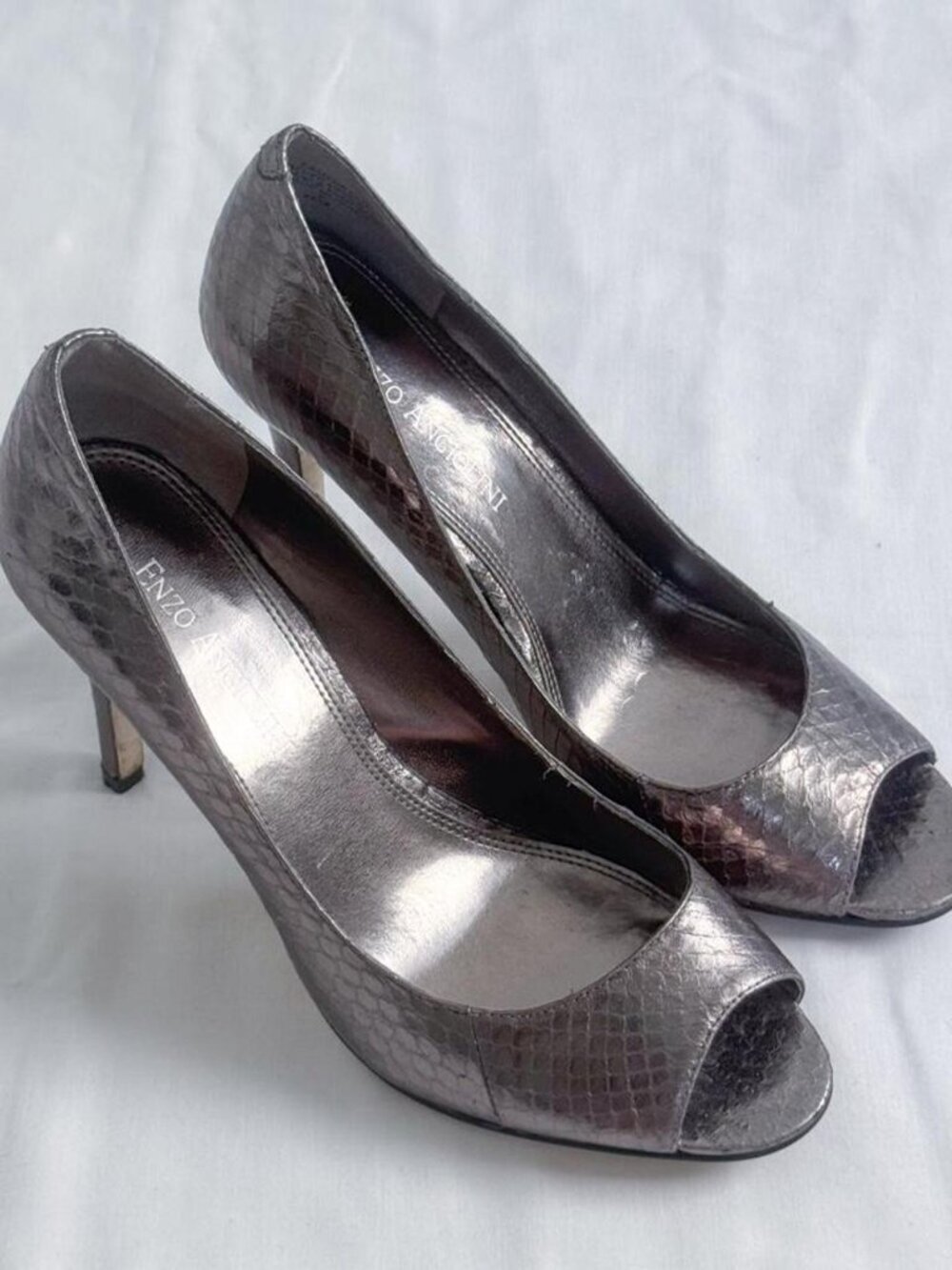 Silver metallic peep toe high heels